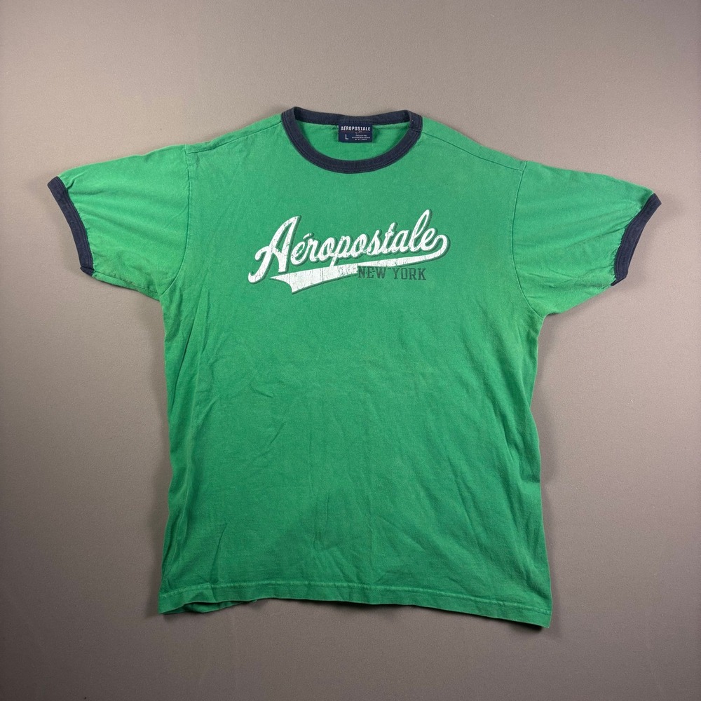 Vintage Aeropostale New York Graphic Ringer T-Shirt Green Navy Large Y2K Cotton